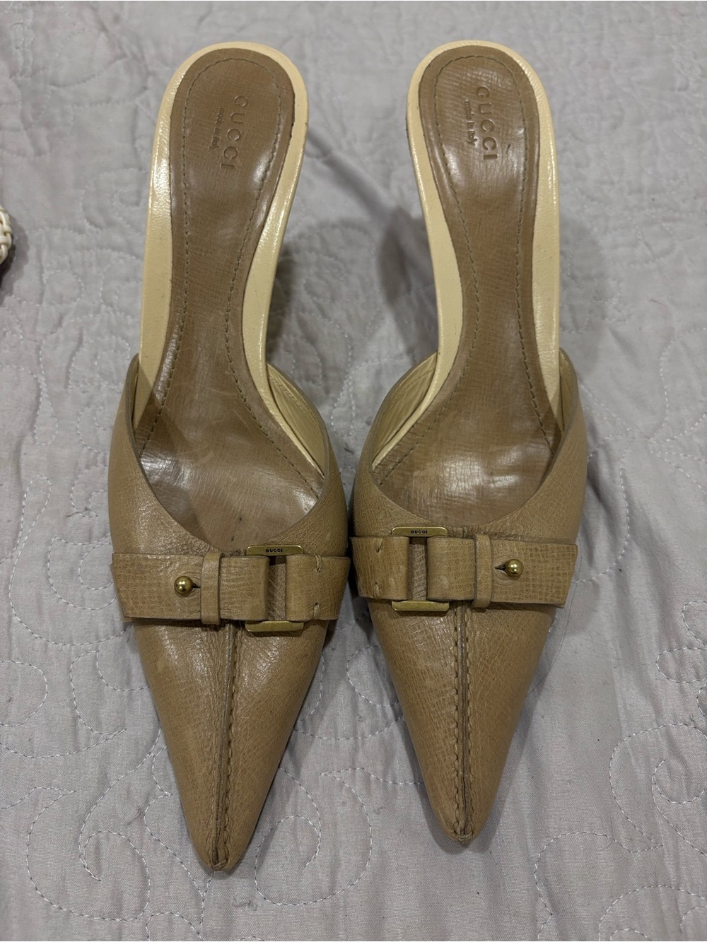 Gucci Tan Pointed-Toe Leather Mule with Buckle